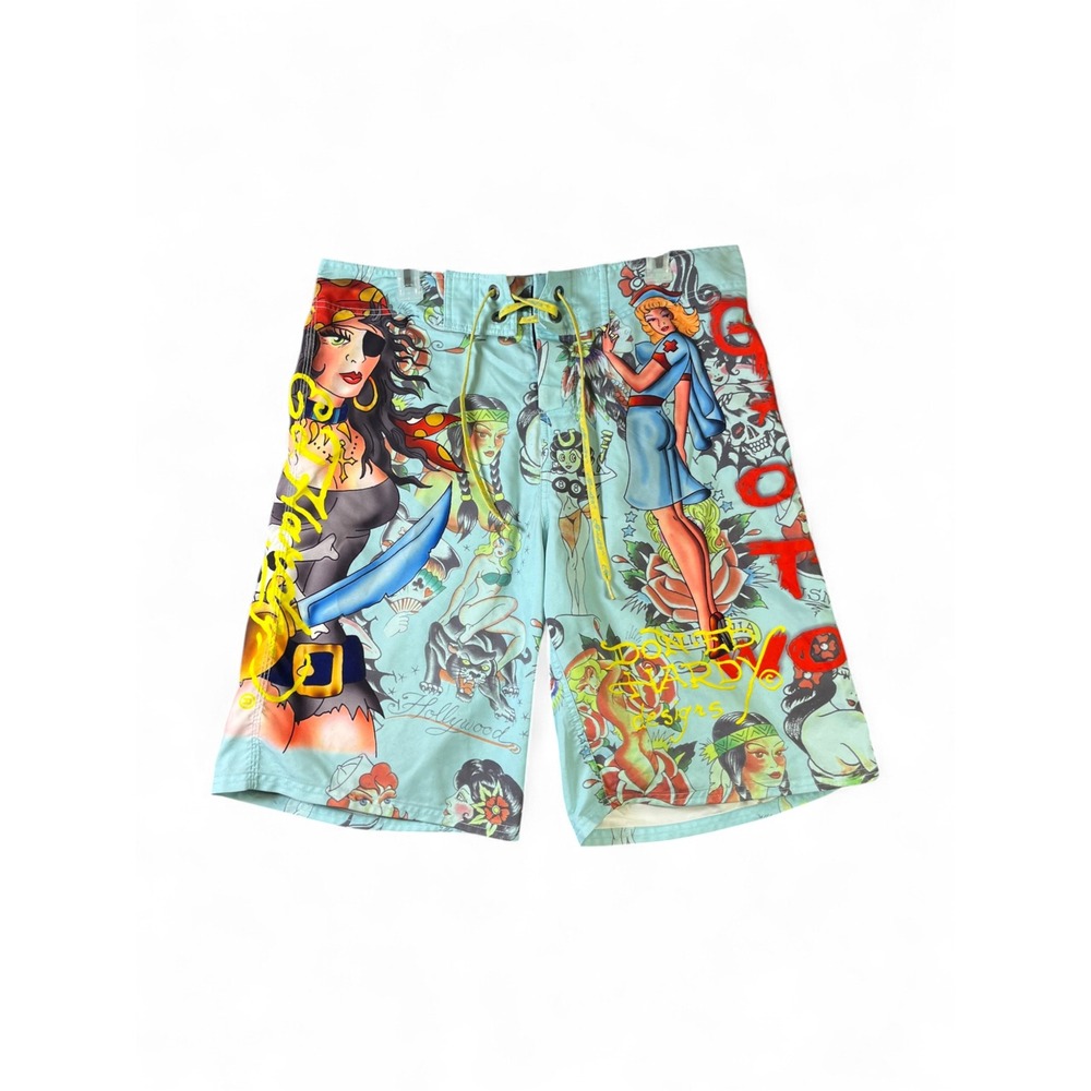 Ed Hardy Christian Audigier Mens 34 Board Shorts Tattoo Pinup Print Blue Y2K